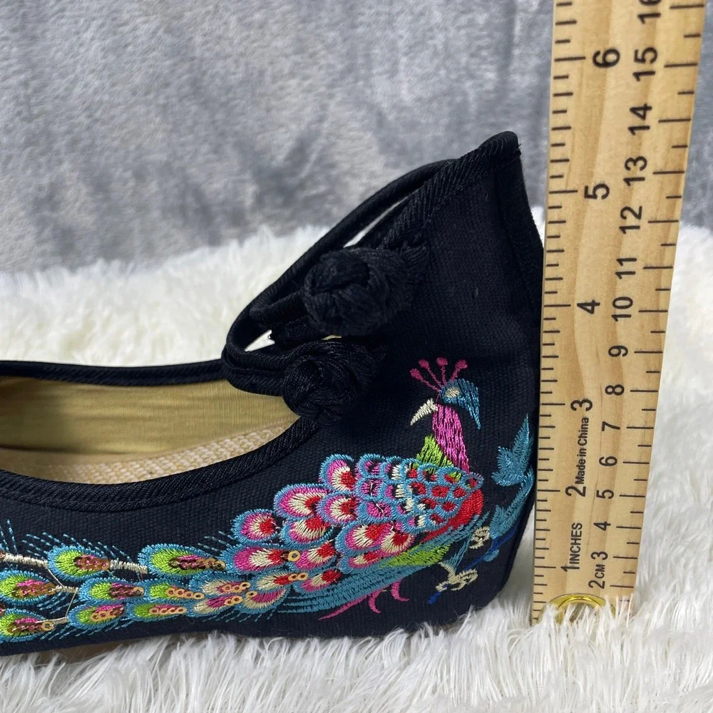 Unbranded Peacock Embroidered Wedges Womens 8.5 Black Good Canvas Boho Strappy